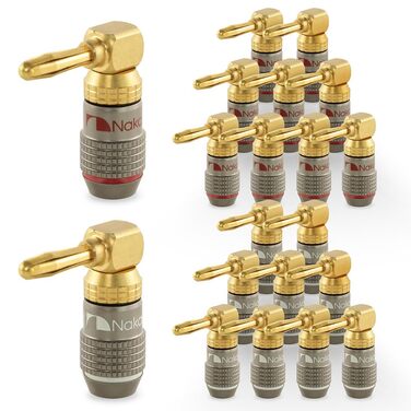 Бананові роз'єми Nakamichi FanLock Excel-Serie, позолочені (24K), кутові, для акустичних кабелів 10-18 AWG, 4 мм, для Hi-Fi та домашнього кінотеатру (20 шт/10 пар)