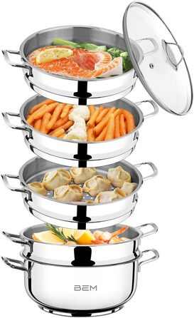 Набір для приготування на пару BEM: 6 предметів з нержавіючої сталі 18/10, діаметр 26 см. Російська мантоварка з вставкою для пари та скляною кришкою, каструля для приготування на пару, набір для приготування на пару. НЕ для індукційних плит.