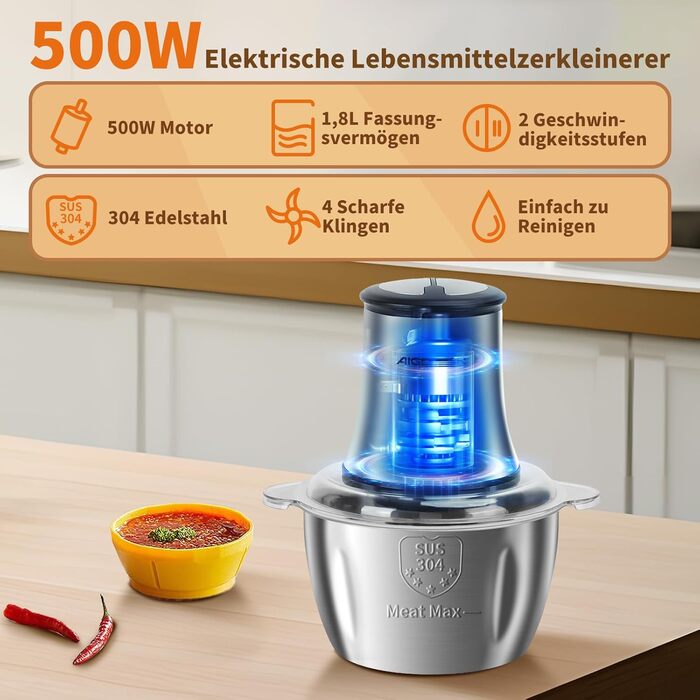 Електричний подрібнювач Aigostar Flor 500W з нержавіючою чашею 1.8L та 4-ма лезами, 2 швидкості для м'яса, овочів та горіхів