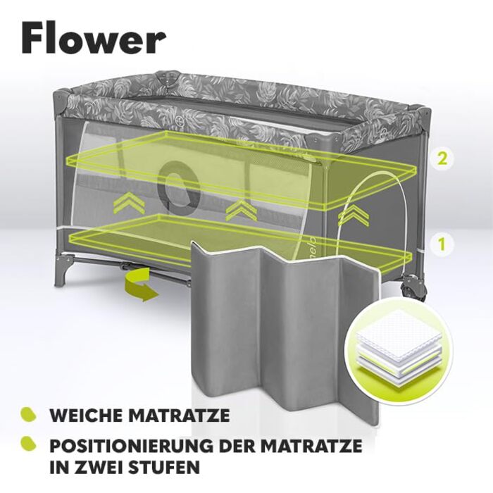 Дитяче ліжечко-манеж Lionelo Flower 4в1 з боковим входом, пеленатором, двома рівнями висоти, ігровою дугою, колесами та сумкою, світло-сірий