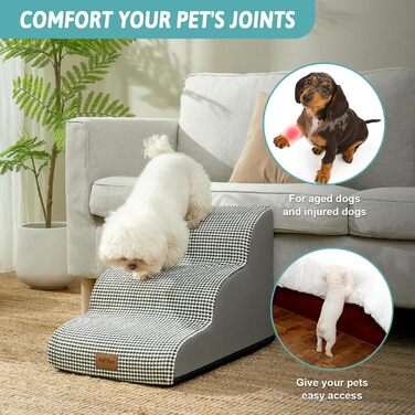 Dog Stairs for Small Dogs 50cm, Pet Stairs for Bed made of High-Density Sponge, Dog Stairs Dog Ramp with Washable Cover and Non-Slip Bottom, 40x72x50cm, 4 Steps, (White/Black, 3 Steps (40x57x40cm))