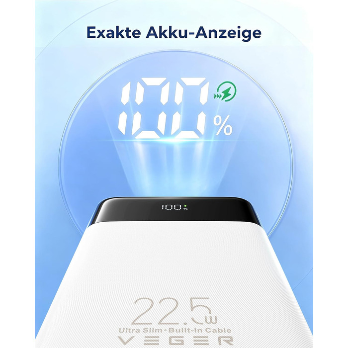 Повербанк VEGER 10000mAh 22.5W з вбудованим кабелем USB-C, швидка зарядка, білий