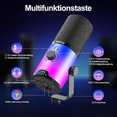 Мікрофон Aveek USB/XLR динамічний з тримачем, з функцією Mute, шумозаглушенням та RGB підсвіткою для ПК, стрімінгу, подкастів та запису