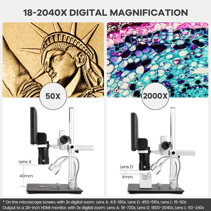 Цифровий мікроскоп Andonstar AD246S-M з 7-дюймовим екраном, 2000x, 3 об'єктиви, запис 2160P UHD, 32GB карта пам'яті