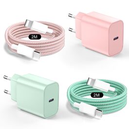 Зарядний пристрій 20W USB-C з кабелем Lightning для iPhone 14/13/12/11/X/XR/XS/Mini/SE, 2 шт. - Рожевий + Зелений