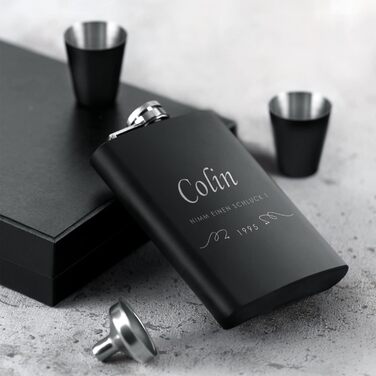 Набір Maverton Flachmann Set: фляга 200 мл з гравіюванням + 4 склянки для шнапсу 20 мл та воронка - фляга для чоловіків, матовий чорний колір