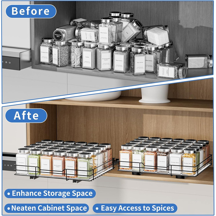 Висувна полиця для спецій у шафу, 2 яруси, регульована висота, чорний колір, органайзер для спецій, органайзер для кухні (32.2x27x6 см)