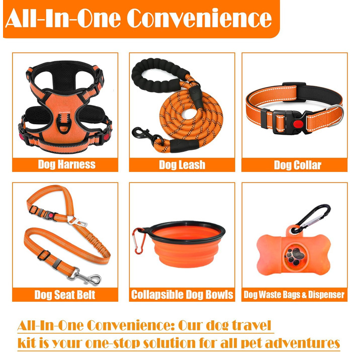 Набір для собак Anti-Zug Harness Set з повідком та нашийником | З авторемнем, складаними мисками та диспенсером для відходів | Для собак малих та великих порід | Ідеально для прогулянок, тренувань та подорожей (S, Помаранчевий)