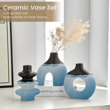 Set of 3 Black Ceramic Vases - Small Pampas Grass Decor, Modern Flower Vases for Home, Wedding & Living Room Centerpieces