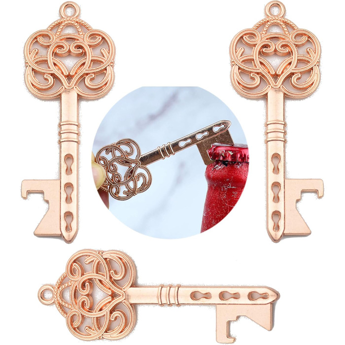 Makhry 50 Pcs Vintage Key Bottle Openers Wedding Key Skeleton Key Bottle Openers Wedding Favors Set with Pillow Boxes and Label (Rose Gold)