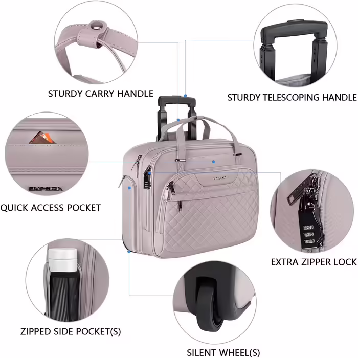 EMPSIGN Trolley Business Rolling Laptop Bag with Wheels, Rolling Laptop Case for Women Fits up to 15.6 Inch Laptop Briefcase on Wheels, Water-Resistant, with RFID Pockets, Pink