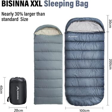 Сплячий мішок BISINNA XXL для великих дорослих, 3-4 сезони, зимовий, для кемпінгу, теплий, широкий, сірий, 1.5 кг, ліва блискавка