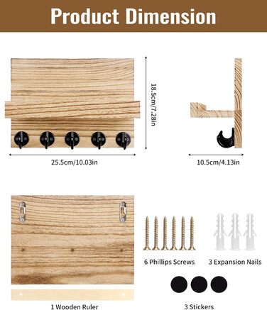 Дерев'яне ключниця з полицею на стіну, декоративне настінне кріплення для ключів, 5 гачків, для прихожої, спальні, вітальні (колір дерева)