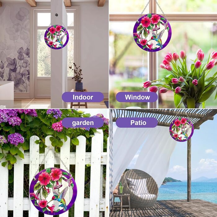 Stained Glass Window Hanging, Hummingbird Gifts for Women, Bird and Flower Window Sun Catcher, 6 inches, Purple Sun Catcher, Hand-Painted Glass for Bird Lovers (6 inches)