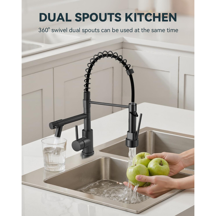 LED кухонний змішувач Warmiehomy з поворотним виливом 360°, 2 виходи, високий вигин, спіральна пружина, чорний