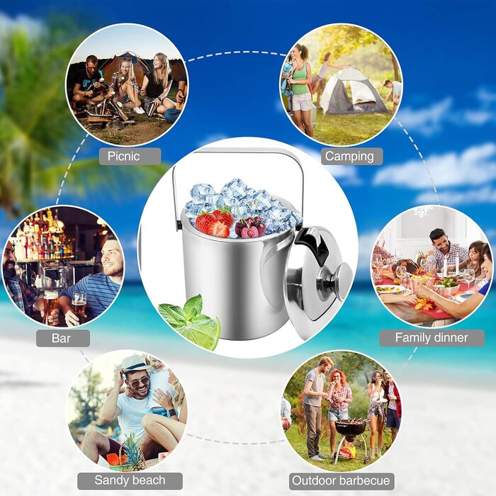 Ейскюбель з нержавіючої сталі з кришкою та лопаткою, 1,6л: для напоїв, пива, вина, фруктів