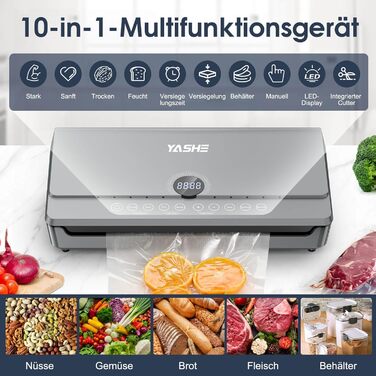 Вакуумний пакувальник YASHE 80KPA з магнітною кришкою, 10-в-1, подвійна зварювальна лінія та подвійна поршнева помпа, зберігання рулонів, для зберігання продуктів