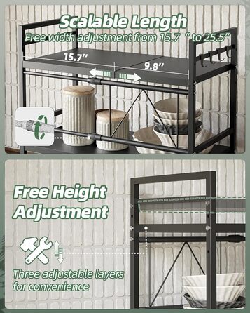 Підставка для мікрохвильової печі NETEL 3-ярусна, розширювана, з 8 гачками, чорна