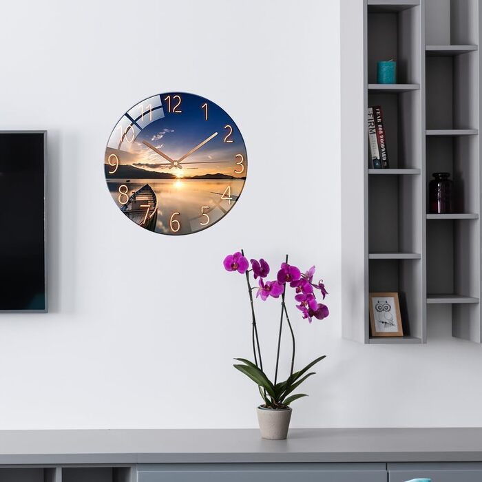 ALEENFOON Wall Clock, Glass, 30cm, Silent, Non-Ticking, Decorative Round Wall Clock for Living Room, Kitchen, Bedroom, Hallway, Office (Sunset)