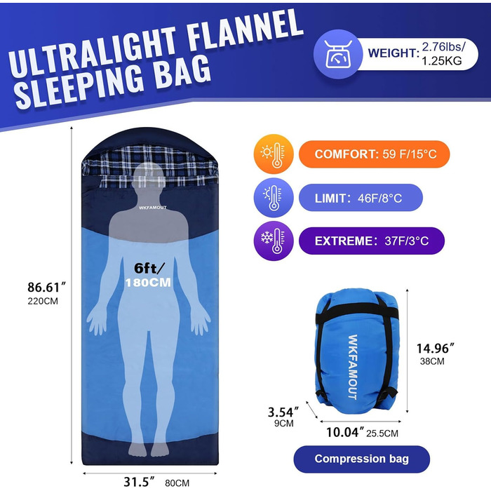 Спальний мішок WKFAMOUT Ultralight Flanell для дорослих, 220x80 см, блакитний. Підходить для кемпінгу, подорожей, літа. Легкий, компактний, машинного прання.