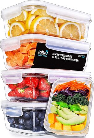 Контейнери для їжі Igluu Glas - 5 шт + 1 кришка, 840 мл, скло Borosilicate, мікрохвильова, духовка, морозилка, посудомийка, герметичні, прямокутні