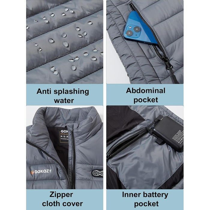 Електрична гріюча жилетка для жінок Gokozy з 5 зонами нагріву та Powerbank, сіра