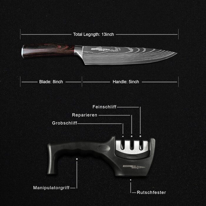 Набір кухонних ножів Universalkochmesser [Переможець тесту] - Нержавіюча сталь, з малюнком, з точилом, захистом пальців, в подарунковій коробці