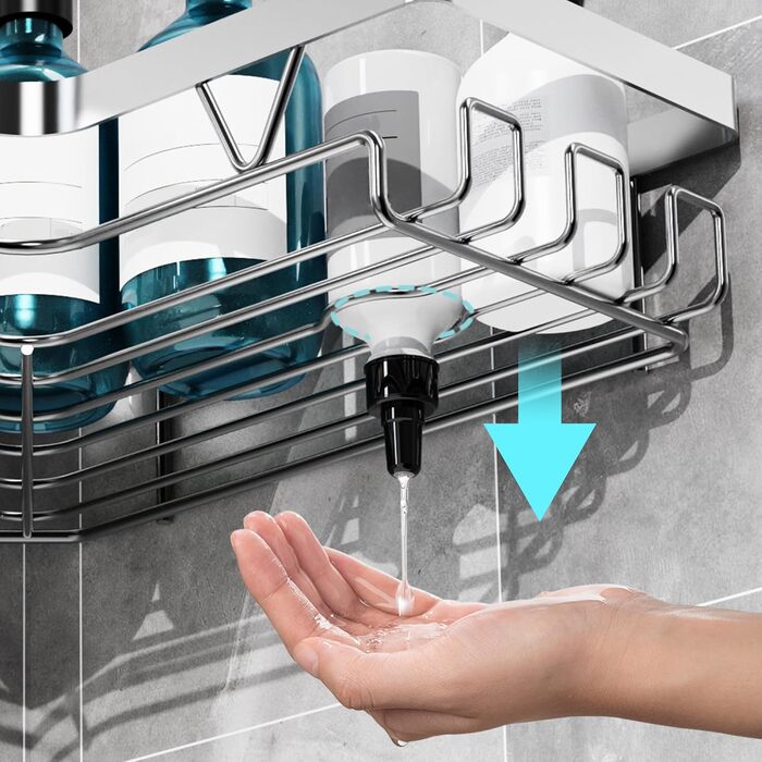 Полиця для душу YIGII без свердління, 3 шт. з нержавіючої сталі, органайзер для ванної кімнати, велика місткість, самоклеюча з мильничкою та 4 гачками, тримач для шампуню, сріблястий (2 шт.)
