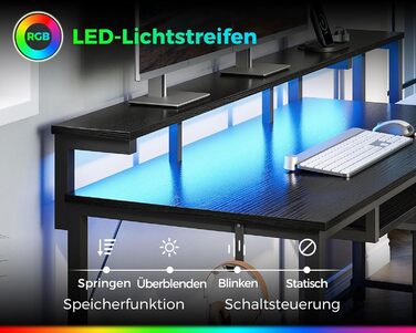 Ігровий стіл Coleshome з LED підсвічуванням, 140x48 см, з ящиками з тканини, стіл для комп'ютера з 2 розетками та 2 USB-портами, стіл для геймінгу з підставкою для монітора для дому/офісу, чорний 140x48 см