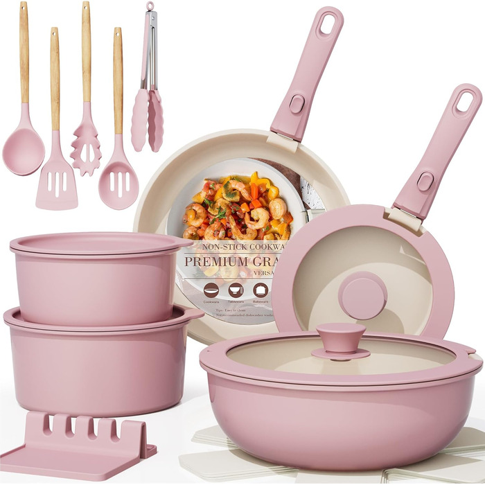 Набір посуду Astercook 21 предмет: каструлі та сковорідки з антипригарним покриттям, керамічний набір посуду, знімні ручки, для дому та кемпінгу, сумісний з індукцією, можна мити в духовці, стійкий, компактний