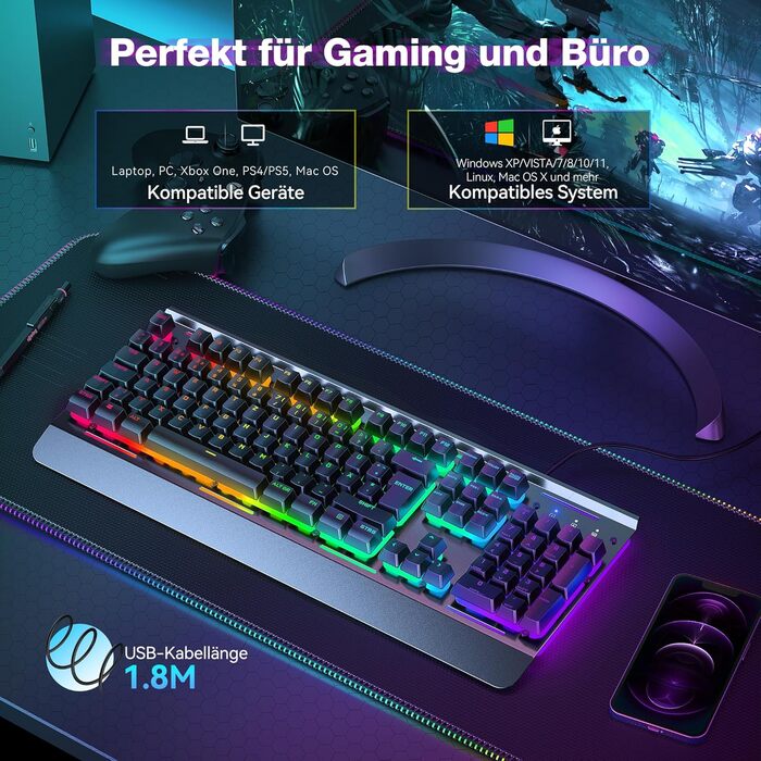 TECKNET RGB ігрова клавіатура для ПК, мембранна, 105 клавіш, повний металевий корпус, підставка для зап'ястя, 15 зон RGB підсвічування, 25 антиблінд, клавіатура для комп'ютера, німецька розкладка (QWERTZ)