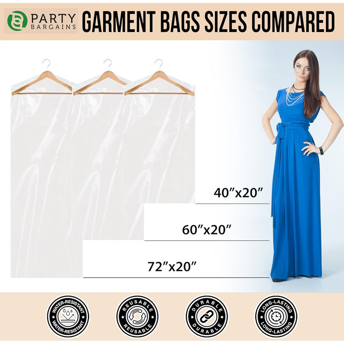 Прозорі пластикові чохли для одягу Party Bargains 63,5x101,6 см, 100 шт, 80 мкм, для хімчистки, пралень, захист костюмів, суконь, пальт, уніформи