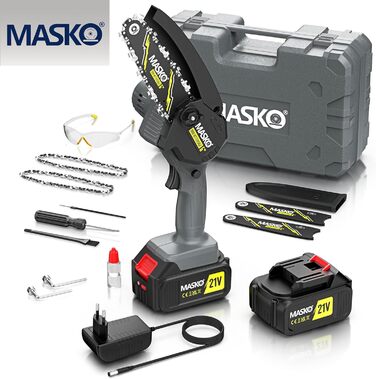 MASKO® Міні акумуляторна бензопила 800W, 6 дюймів, 8000mAh | Електрична пила з автоматичною подачею оливи | Ручна бензопила для обрізки гілок та деревини | У комплекті кейс, 2x акумулятори 4000mAh та 2 запасні ланцюги 6 дюймів, чорний/антрацит