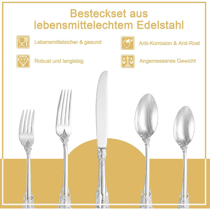 Посуд столовий срібний Barock 18/10 з нержавіючої сталі, набір 20 предметів (виделки, ложки, ножі) в подарунковій коробці