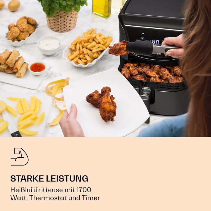 Klarstein Hot Air Fryer, Energy-Saving Air Fryer, Deep Fryer, Hot Air Fryer for Crispy Fries, Air Fryer with 1700 Watt, XXL Frying Basket 5.4 Liters, Thermostat, Timer, 8 Programs, Graphite Gray Black Hot Air Fryer