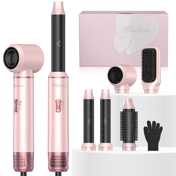 Мультистайлер для волосся 5 в 1 Atopskins Air Styler 1000W: фен-щітка, вирівнювач та плойка для сушіння, завивки та гладкого волосся, колір Creamrosa