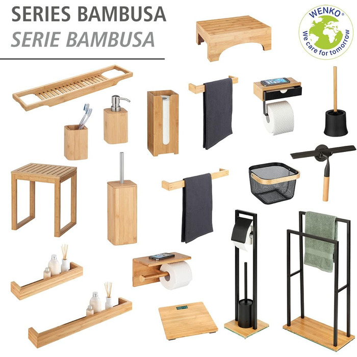 Набір для туалету WENKO Bambusa: тримач для туалетного паперу та щітка для унітазу, Loft-стиль, чорний/натуральний, 18 x 72,5 x 18 см