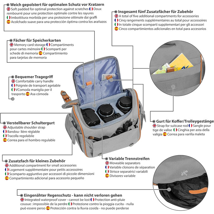 Сумка для камери PEDEA 'Vintage' з захисною плівкою для дисплея Canon, Nikon, Pentax, XL (Сірий)