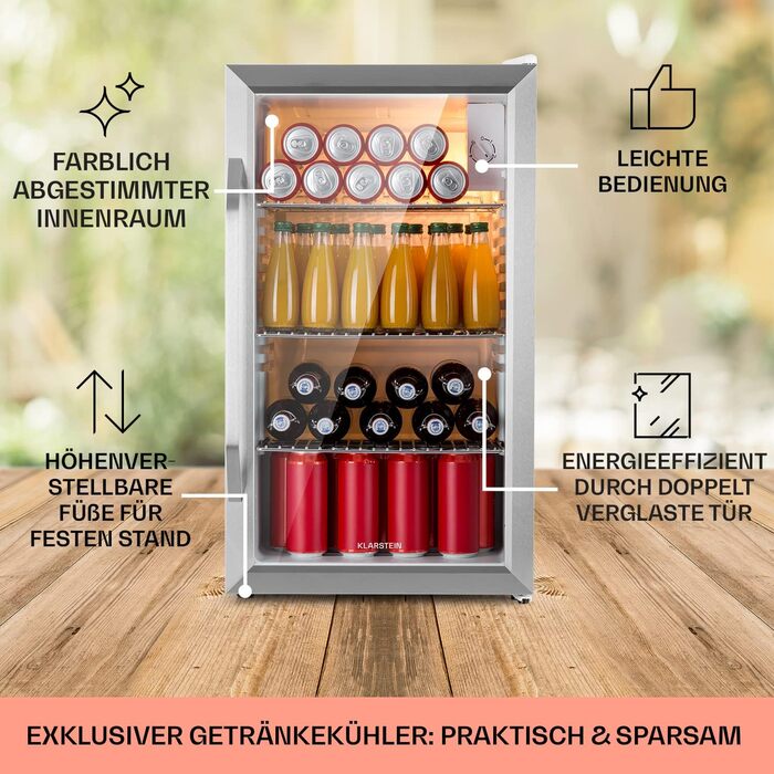 Klarstein Mini Fridge with Glass Door - 80L Compact Beverage Cooler with Adjustable Shelves & Wave Pattern Racks - Quiet Operation (Silver-White)