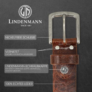 Шкіряний ремінь для чоловіків LINDENMANN з буйволячої шкіри, 40 мм, колір коньячний коричневий, довжина 130 см (розмір XL/XXL)