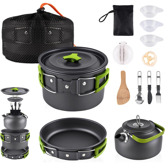 Набір кухонного посуду aiGear для кемпінгу: каструля, сковорода, легкий алюміній, з сумкою, для туризму, пікніків (зелений)