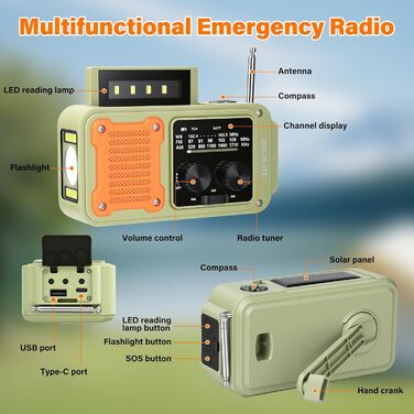 Радіо на механічній ручці Diymore 2000mAh з сонячною панеллю, FM/AM/WB, Power Bank, LED ліхтарик для кемпінгу, SOS сигнал, компас. Радіоприймач для екстрених ситуацій та відпочинку на природі, чорний