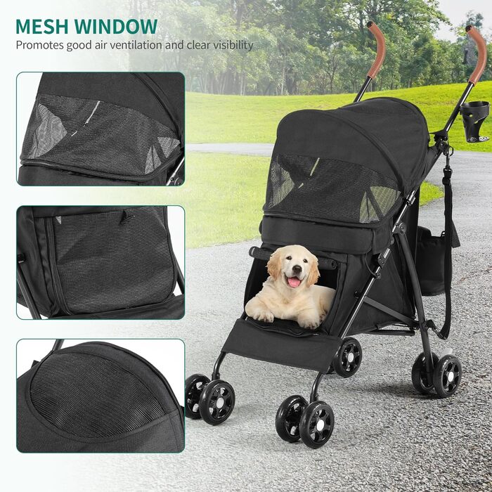 Візок для собак YITAHOME - чорний, до 11,3 кг, з сіткою, тримачем для напоїв, кошиком та переноскою