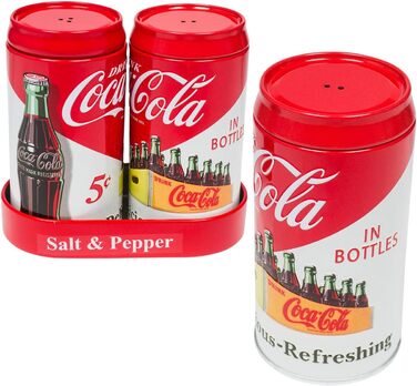 Coca-Cola Metal Shaker Salt and Pepper Shaker Set, Tin Metal, 4 inches (10.2 cm) tall, 1.5 inches (3.8 cm) diameter, embossed logo