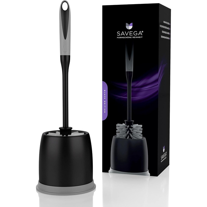 Набір для туалету SAVEGA: щітка для унітазу з інноваційною структурою щетинок та зручним тримачем. Сучасний дизайн, матовий чорний/сірий колір.