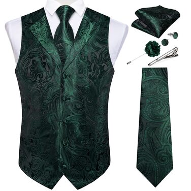 Костюмний комплект DiBanGu: жилет, краватка, нагрудна хустка, запонки, лапєль-кліп (7 предметів) з паєчним візерунком, смарагдовий колір, XL