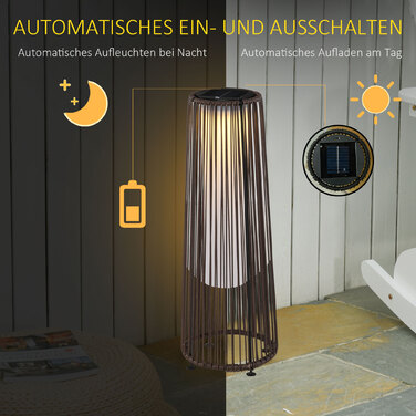Outsunny Solar Lamp, Garden Lamp, Rattan Solar Light, Automatic LED, Brown, 21.5 x 21.5 x 61 cm | Aosom