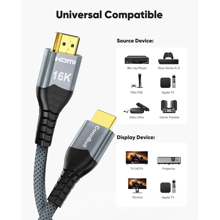 HDMI 2.2 кабель 2м: 16K, 8K, 4K, eARC, HDCP 2.3, HDR10, DTS:X, сумісний з PS5, Xbox, Fire TV