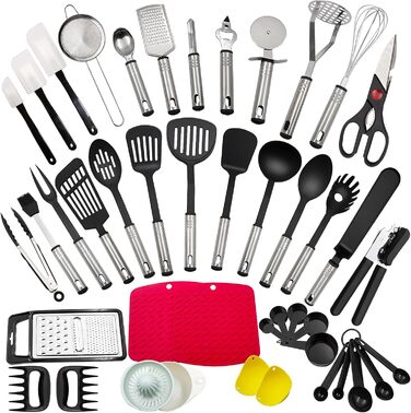 Kitchen Helper Set, 43 Pieces Kitchen Accessories Cooking Utensil Set made of Stainless Steel & Nylon, Heat-Resistant Home Kitchen Cooking Utensils - Spoon, Tongs, Whisk, Spatula, Pasta Server, Ladle, Turner.