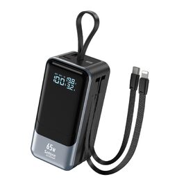 Повербанк Selore & S-Global 65W 18400mAh з вбудованими кабелями USB-C та Lightning, швидка зарядка PD для MacBook, iPhone 17/16/15, Samsung Galaxy S25, чорний